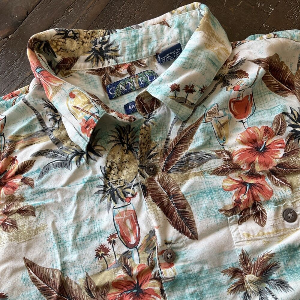 Campia Shirt Mens Large Aqua Hawaiian Aloha Camp Collar Tropical Floral Rayon